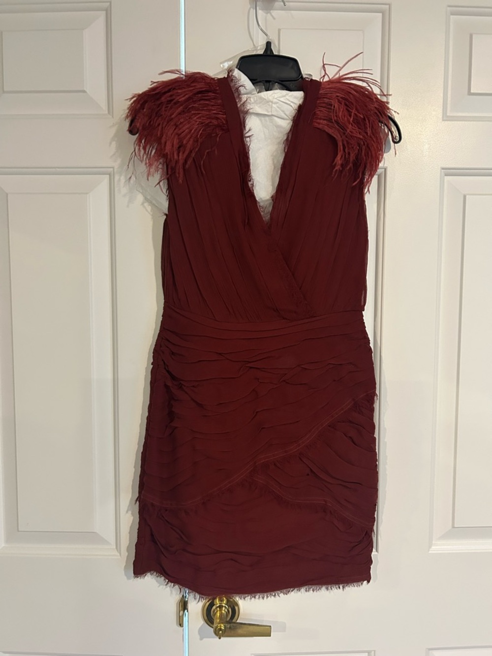 Madison Marcus Wine Red Feather-Shoulder Mini Dress